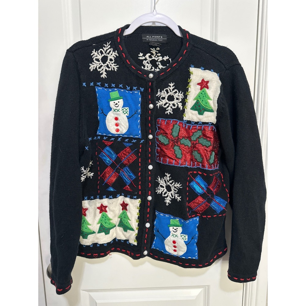 All Points Vintage Ugly Christmas Sweater Cardigan Snowman Tree Black Womens L